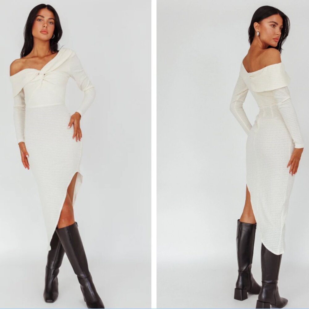 One-Shoulder Long Sleeve Midi Dress Cream NWT XL
